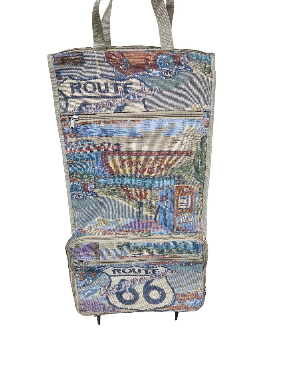 Travel-Inspired Route 66 Tapestry Rolling Organizer Bag - Beige Multi